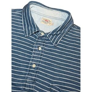 Faherty Mens Large Indigo Dyed Polo Shirt Blue White Striped Pocket Golf S/S